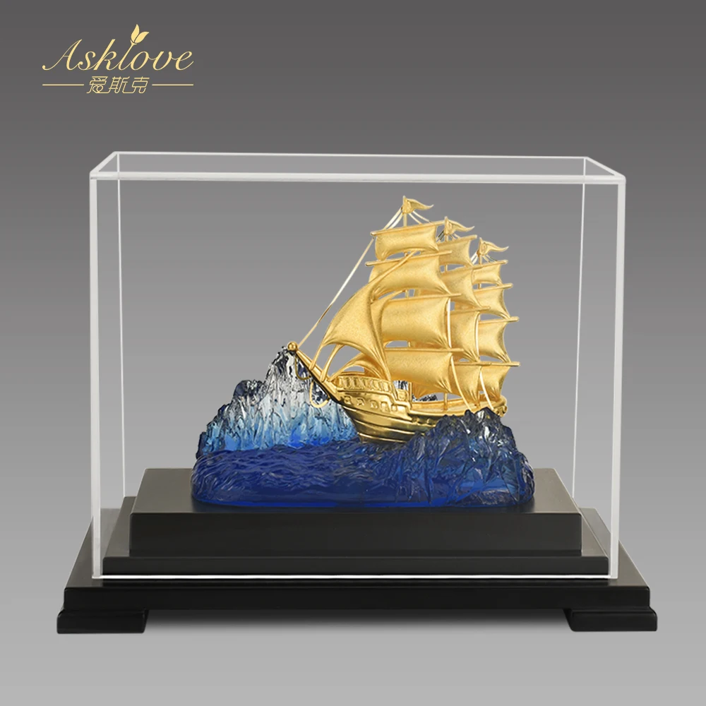 Sailing Boat Ship Gold Foil Sailboat Model Gold art Crafts Handmade Sailing Boats Battleship Home Decor TV Wine Cabinet Ornament