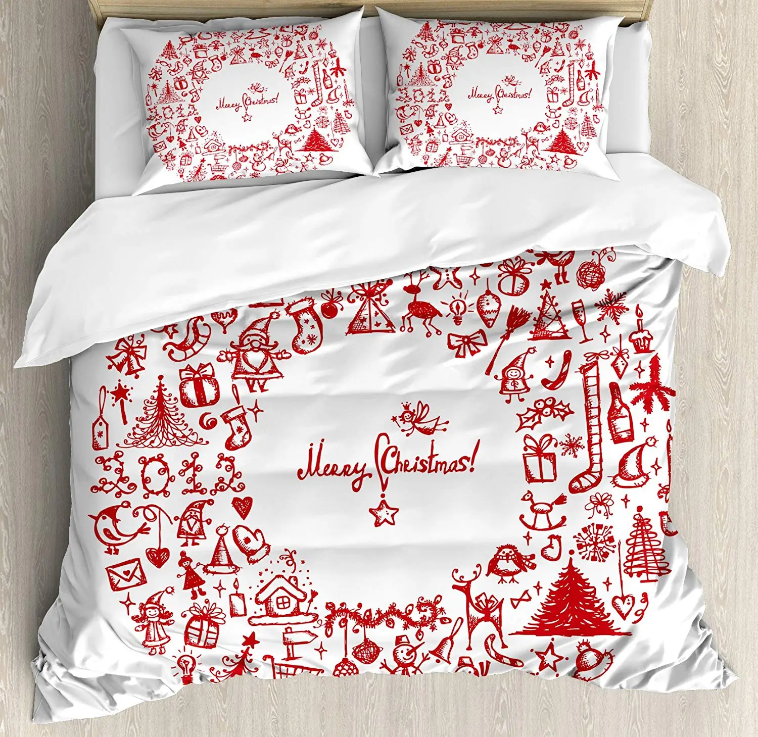 Christmas Duvet Cover Set Vintage Merry Xmas Wreath with Several Noel Yule and Ribbons Candles Bells Image Decorative 3 Piece