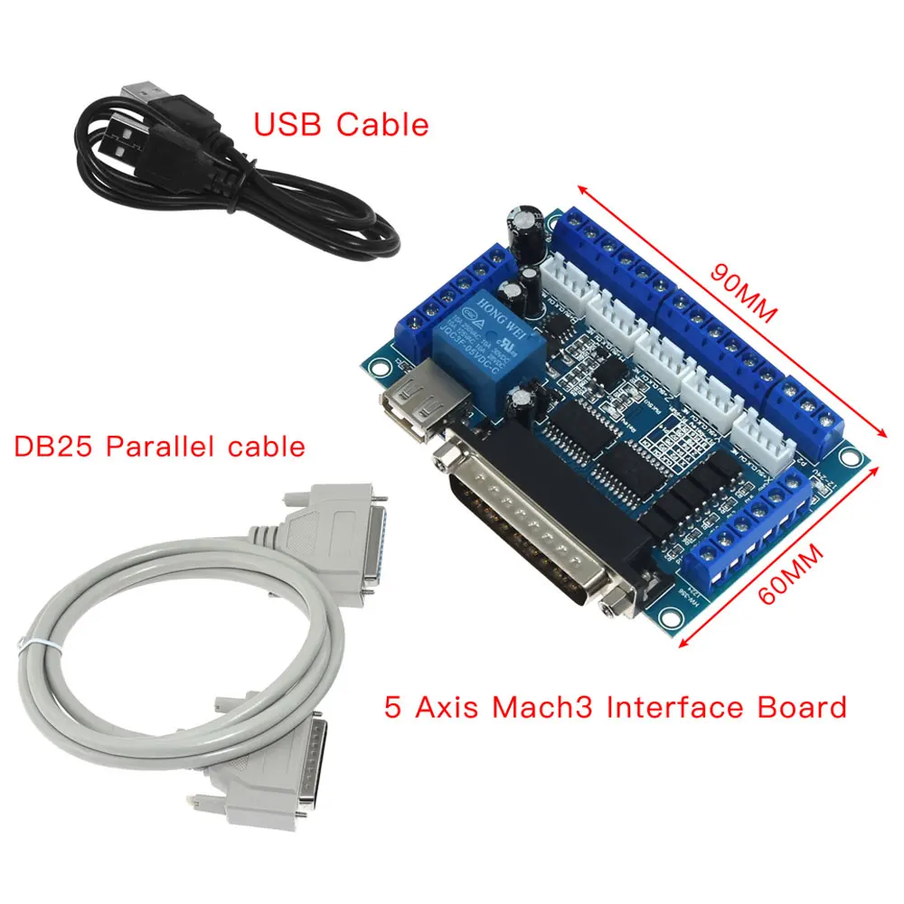 5 Axis MACH3 CNC Breakout Board with USB Cable DB25 Parallel Cable MACH3 Parallel Port Control for Stepper Motor Driver TB6600