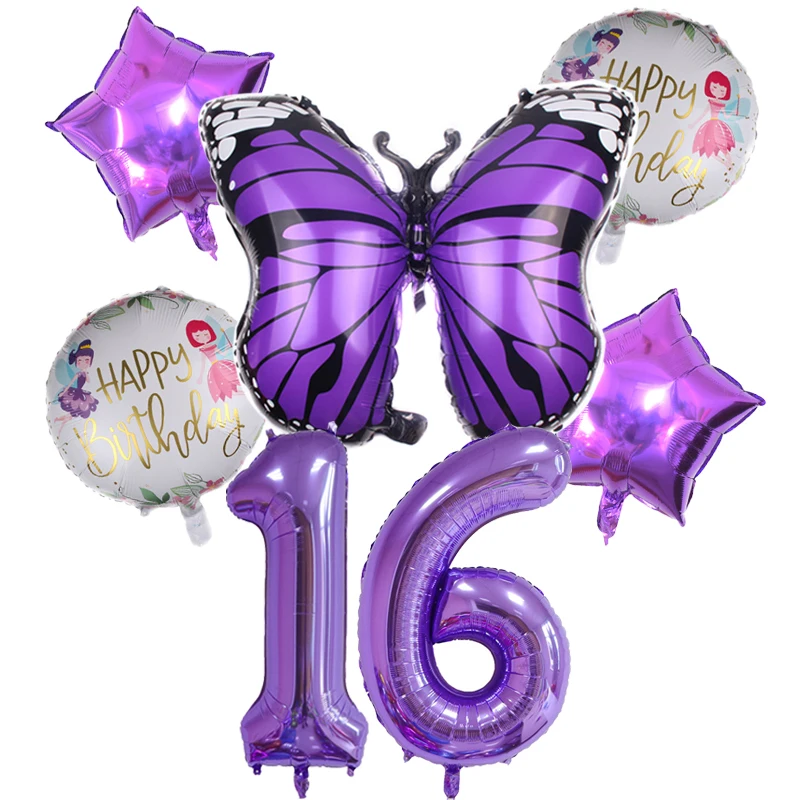 6 Stück lila Schmetterling Folienballons Set 40 Zoll lila Zahl Heliumballon Geburtstag Party Dekorationen Kinder Babypartys Mädchen – Detail 3