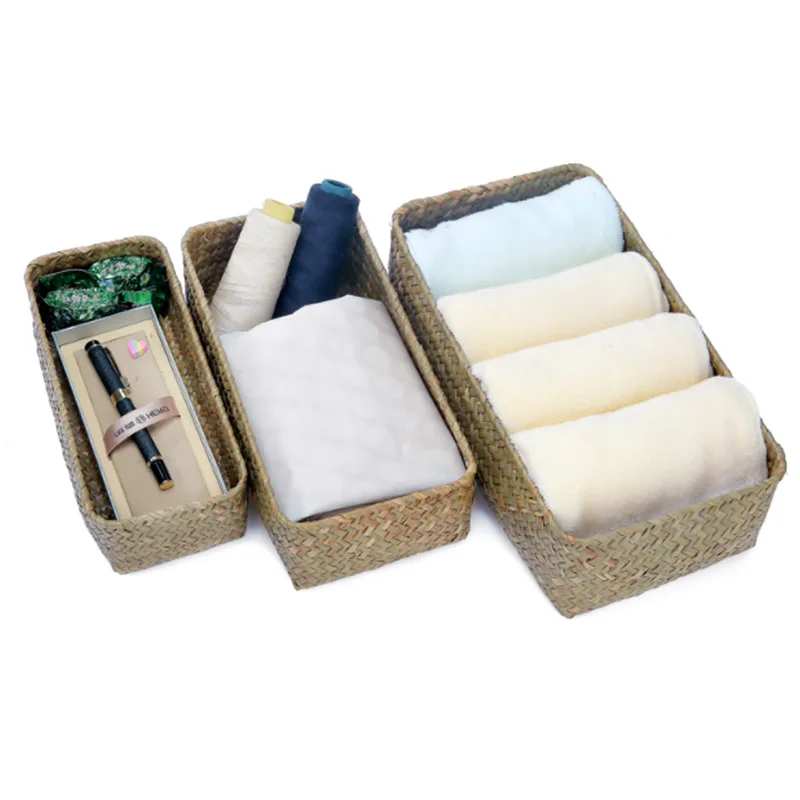 Hand-woven Straw Rattan Wicker Basket Rectangle Underwear Storage Basket Home Kitchen Bathroom Storage Box Cosmetic Container