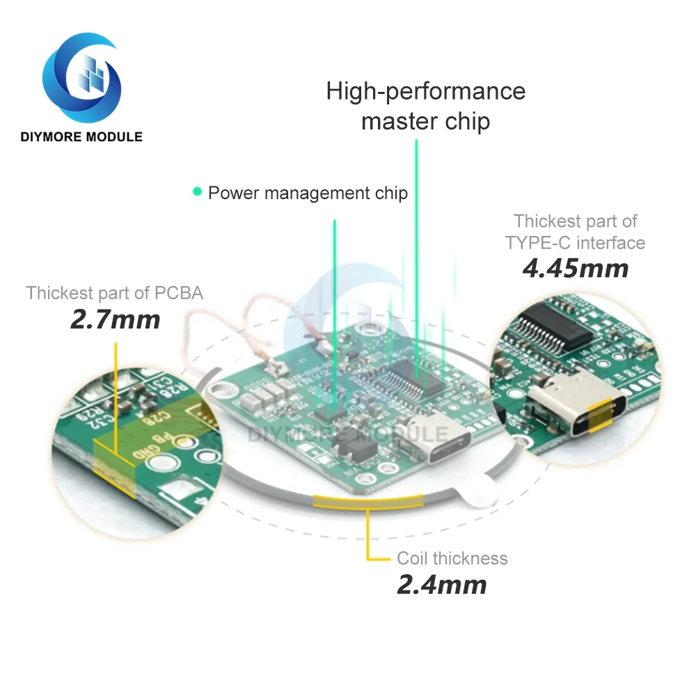 고속 충전 무선 충전기 송신기 모듈, C타입 USB + 코일 Qi 범용, 자동차 전화 배터리용, 20W 고출력, 5V, 12V