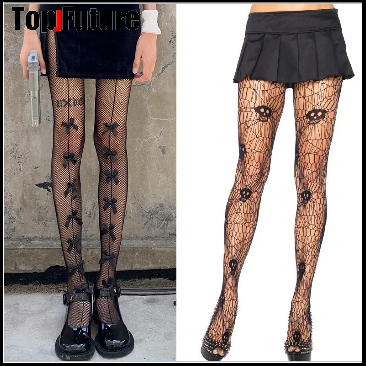 Gothic Dark Harajuku Spider Web Black fishing net stockings dark long tube bow socks children JK large mesh panties TIGHTS