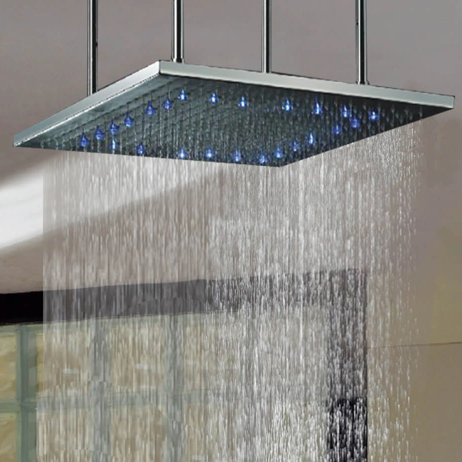 

24 Inch, Ceil Mounted Square Brushed Nickle Three-Color Temperature Sensitive LED Rainfall Shower Head With Sliding Arm