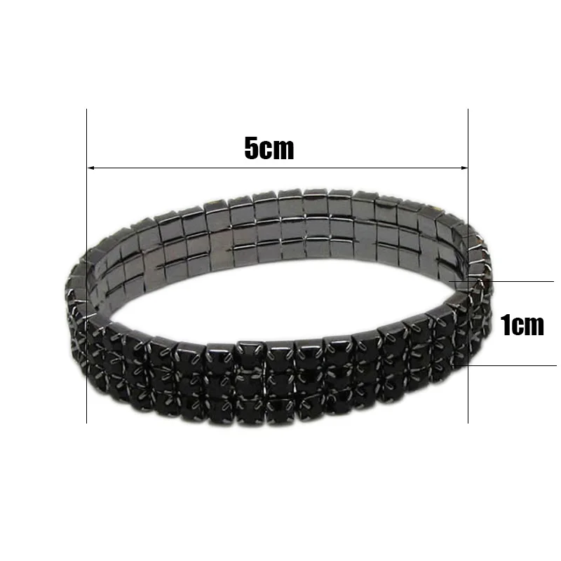 3-Row Black Crystal Rhinestone Elastic Stretch Bracelet Bridal Wedding Bracelets for Women