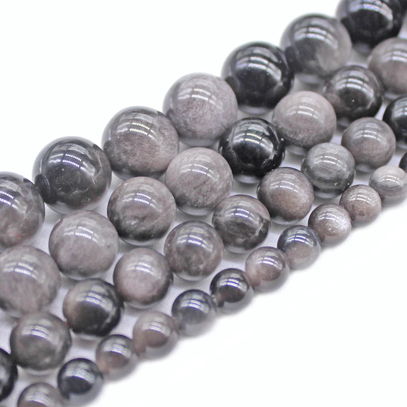 Natural Silver Color Obsidian Stone Round Beads Strand For Jewelry Making Spacer Loose Beads 8 10 12mm Diy Bracelet Necklace 15”