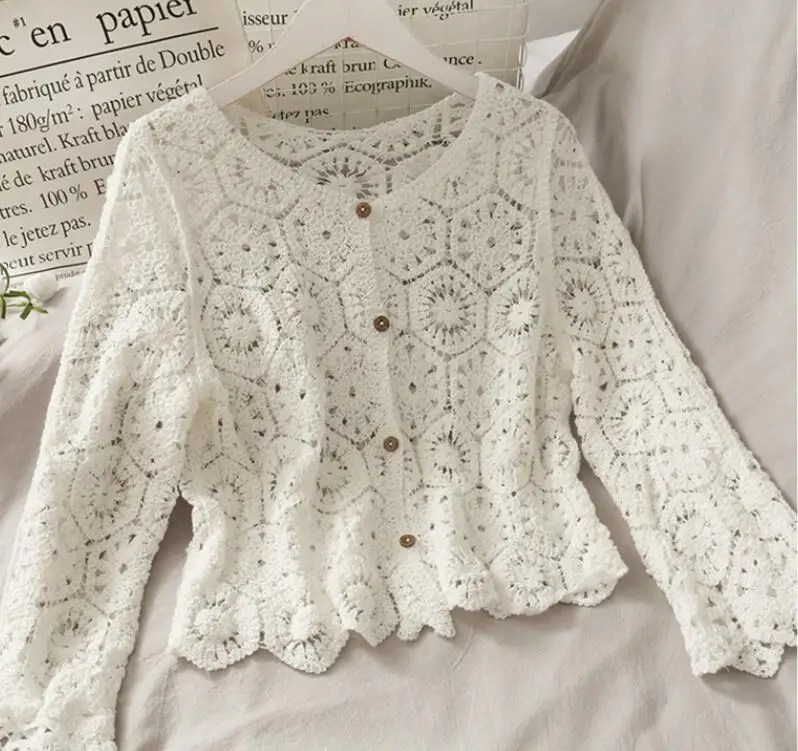 Korean Style Loose Hollow Lace Shirt for Female, Kpop Tumblr, Thin Sleeve Top, Crochet Design, New Arrival,Autumn