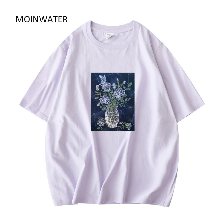 MOINWATER Blue Flower Pattern Women T shirts 100% Cotton Lady Streetwear Tees Tops for Summer MT21050