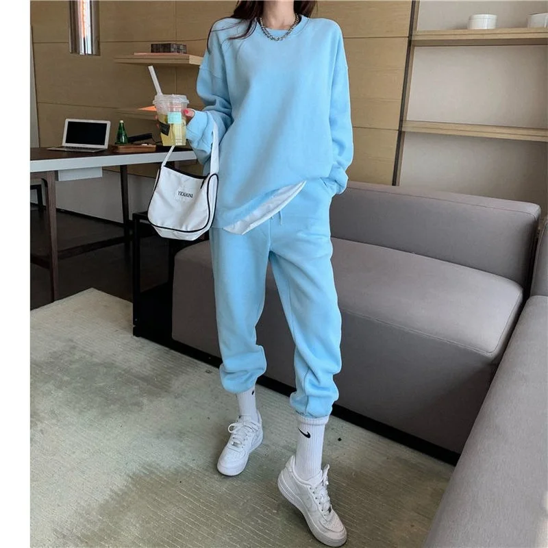 Korean Black Tracksuit Women Spring Autumn Loose Crewneck Sweatshirts+High Waist Elastic Sweatpants Two Piece Sets Female M-4XL