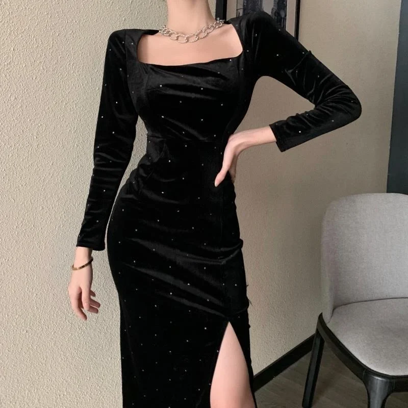 Black Velvet Long Dress Women Elegant Vintage Square Collar Long Sleeve Dress Korean Sexy Casual Evening Party Dress 2021 Autumn