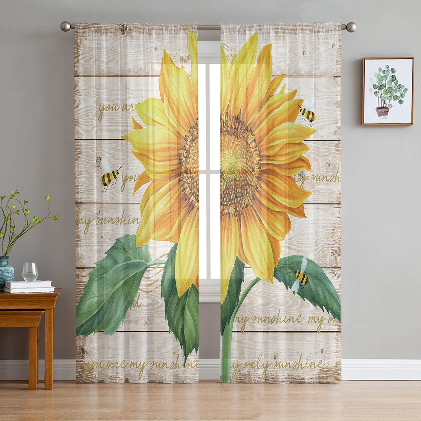 Flower Sunflower Bee Wood Grain Tulle Curtain Voile Transparent Tulle for Bedroom Living Room Kitchen Sheer Window Curtains