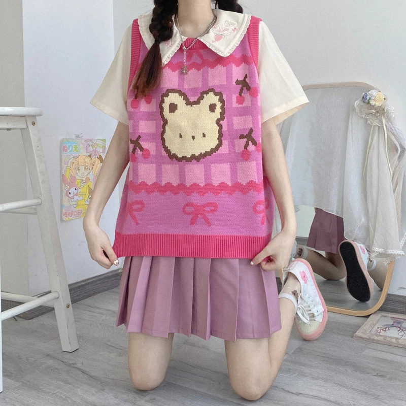 KIMOKOKM Japanese Preppy Style Sweet Girl Vintage O-Neck Cute Jacquard Cartoon Sleeveless Pullover Knitting Vest Sweater Student