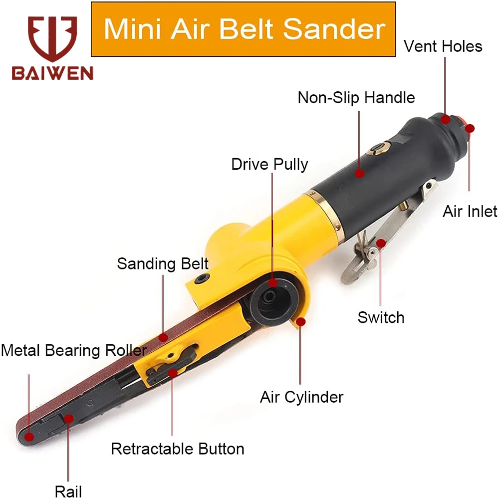 Lijadora de banda de aire de 3/8 pulgadas, rectificadora de ángulo neumático de 10x330MM con 6 correas de lijado para compresor de aire,