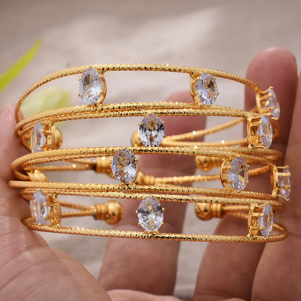 24K 4 Pçs/lote Pedra Branca Etíope Dubai Ouro Cor Cuff Pulseiras Para Mulheres Pulseiras & Pulseira de Jóias de Casamento Esposa Esposa menina Presentes