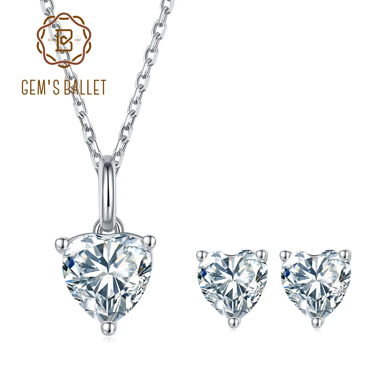 

GEM'S BALLET D Color Heart Moissanite Diamond Necklace Earrings Sets 925 Sterling Silver Classic Jewelry Set For Women Wedding