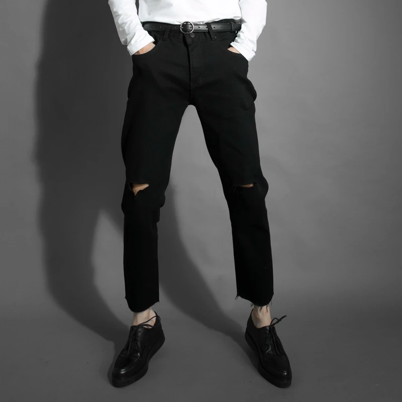 Men's spring and autumn new dark black Korean version slim broken hole beggar pants wool edge jeans nine casual jeans