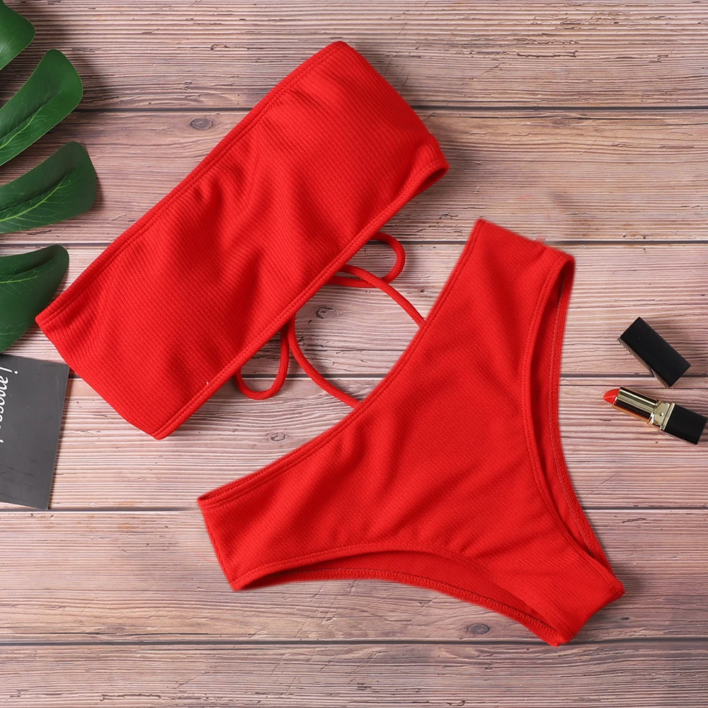 Bikini de cintura alta sin tirantes para mujer, bañador Sexy, traje de baño acolchado, de Color puro monokini, novedad de 2024