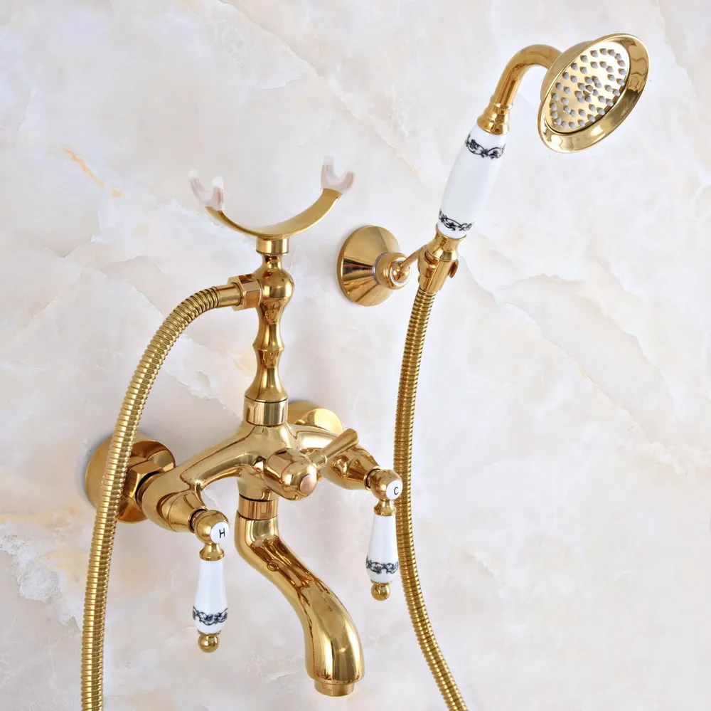 

Polished Gold Brass Double Handle Wall Mounted Bathroom Bath Tub Faucet Set with 150CM Hand Held Shower Spray Mixer Tap 2na958