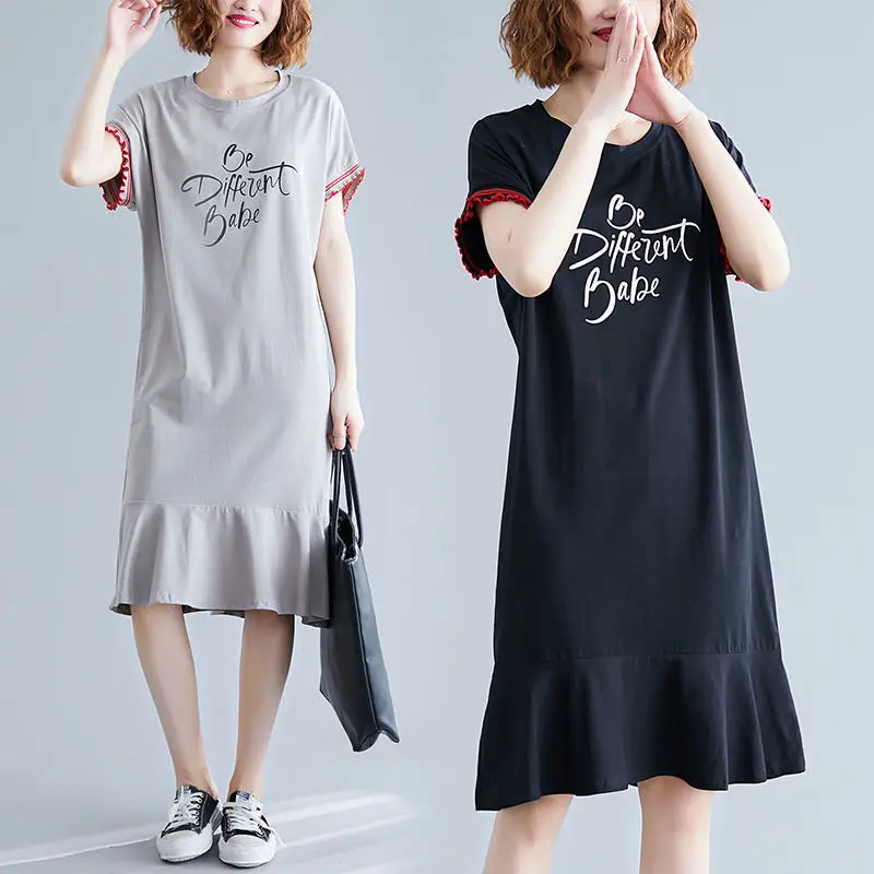 Women Patchwork Fishtail Short Sleeve Casual Dress Chic Fashion Pleated Loose Shirt Dress Female Plus Size Streetwear