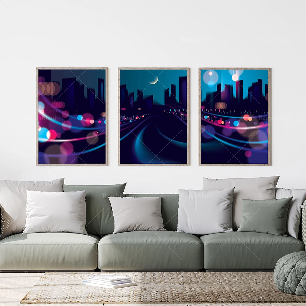 

Night skyline abstract room prints, blue and pink abstract nightlife wall art decoration poster canvas print gift