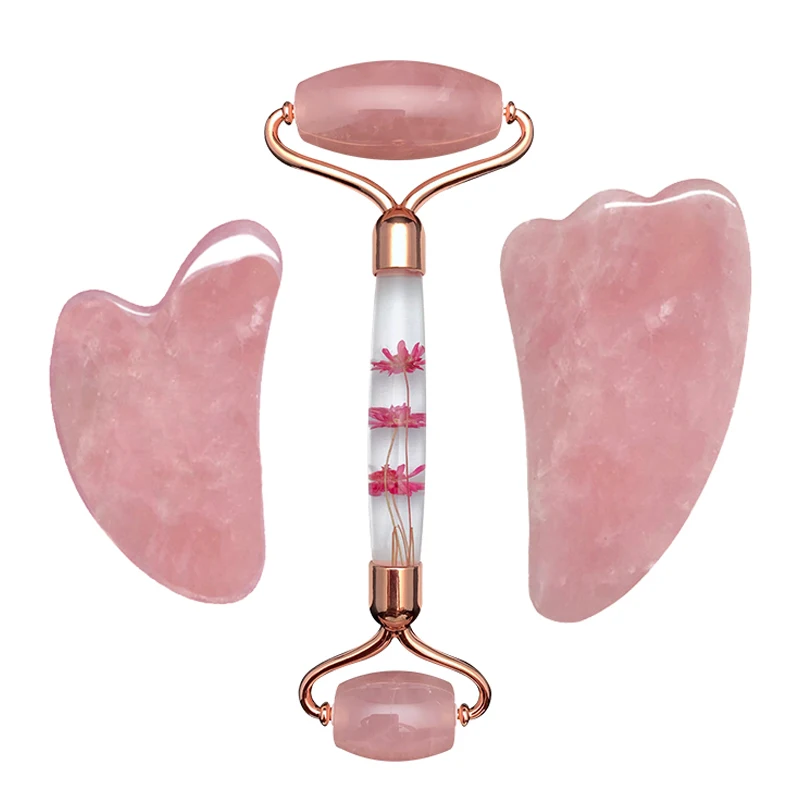 Massager For Face Natural Gouache Scraper Rose Quartz Eternal Flower Jade Roller Scraper For Face Gua sha Massage Tool Skin Care