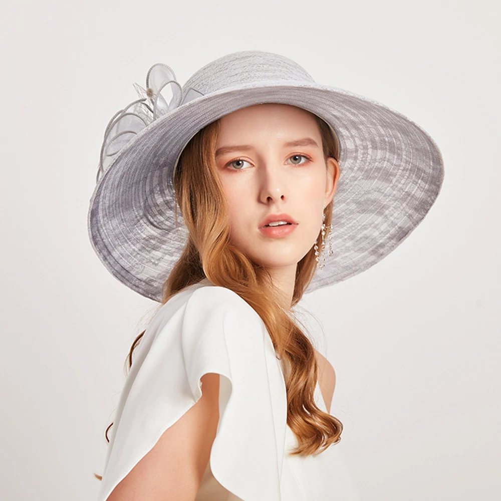 FS Summer Beige Lace Fascinator Hats Wide Brim Party Church Hat For Women Elegant Wedding Fedora Ladies Kentucky Derby Cap 2024