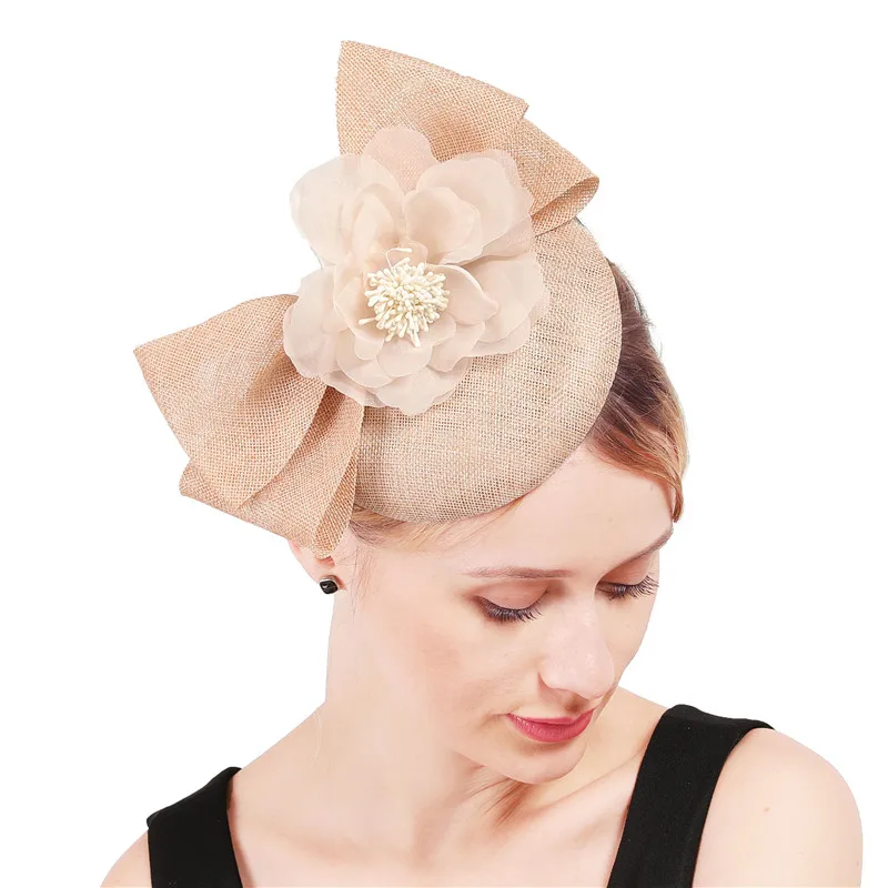 Champagne Vintage Hair Fascinator Hat Women Elegant Party Hats Bridal Wedding Show Race Millinery With Fancy Flower Headpiece