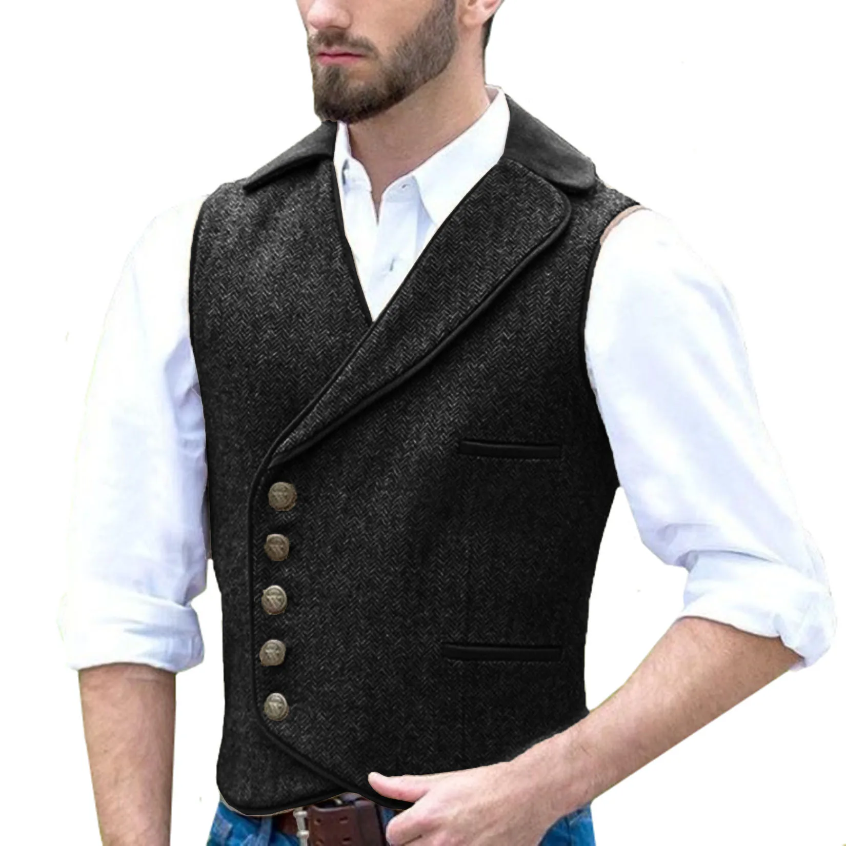 Men's Herringbone Vest Lapel Single-breasted Punk Style Slim Vest Business Casual Outdoor New Vest Clothing