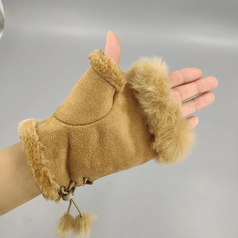 Women Winter Half Finger Gloves Lady Outdoor Faux Rabbit Fur Warm Mittens Plush Fleece Lined Driving Riding Gloves