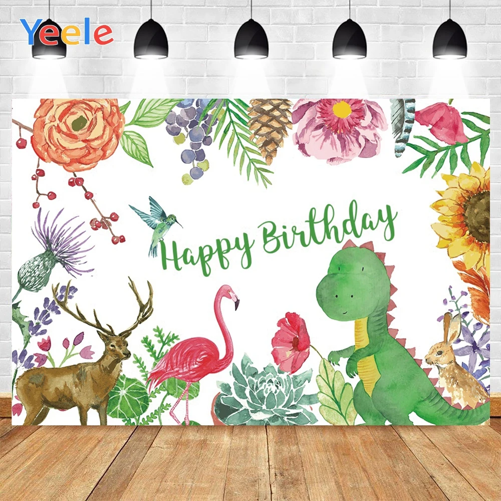 Yeele Happy Birthday Gifts Photography Backdrops Dinosaur Flamingo Texture Background Birthday Baby Decoration For Photo Studio