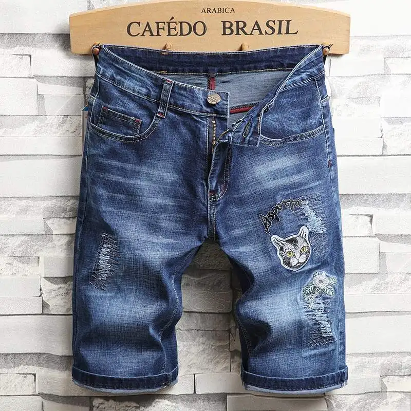 High Quality Men\'s Hole Denim Shorts Summer New Fashion Casual Slim Fit Ripped Retro Short Jeans Male Brand Classic Pants