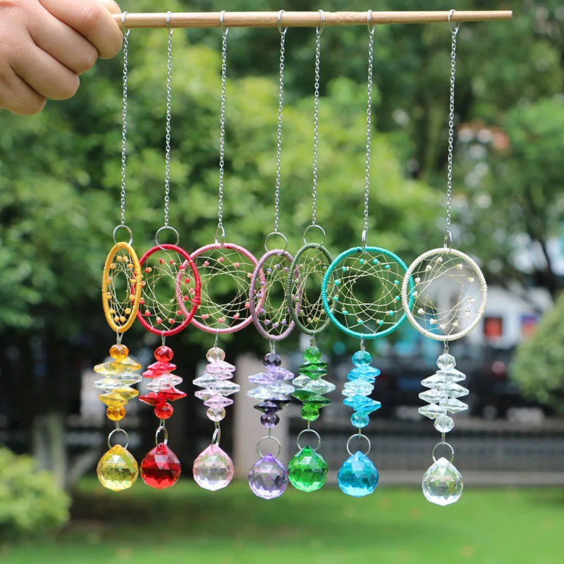 7pcs/lot Chakra Dream Catcher with Crystal Ball Prisms Suncatcher Handmade Rainbow Fengshui Pendant Home Garden Decor