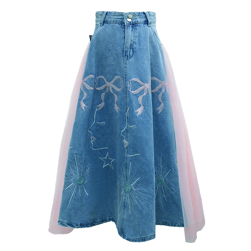 TIYIHAILEY-Mid-Calf Mesh and Denim Patchwork Skirts for Women, High Elastic Waist, Spring and Autumn Jeans, Embroidery