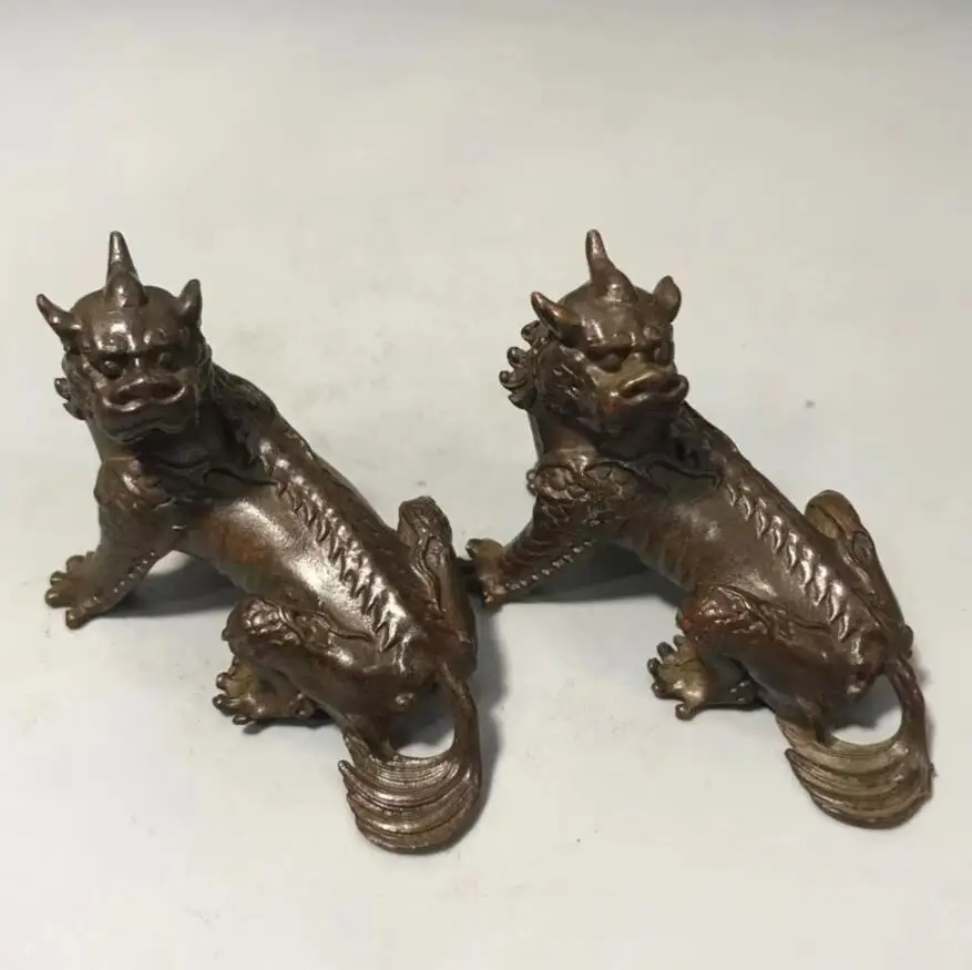 Archaize brass auspicious God beast small crafts statue A pair