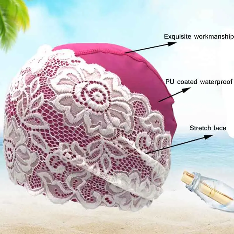 Women Swimming Cap PU Waterproof Lace Flower Sports Surfing Pool Hat Elastic Shower Bathing Caps for Long Short Hair