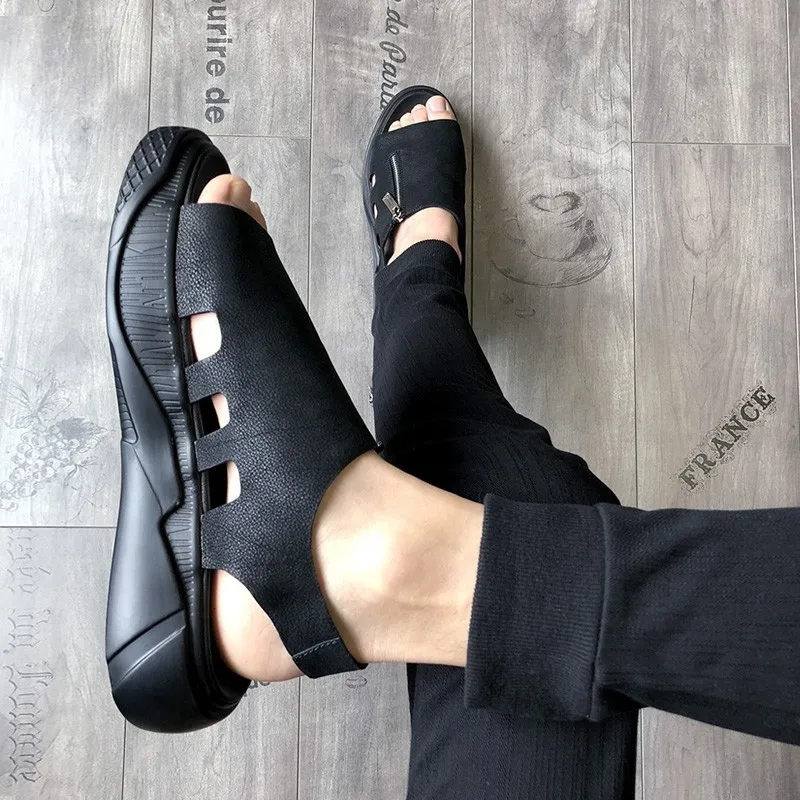 Platform Thick Summer Mens Beach Sandals Zipper Genuine Leather Sansals Streetwear Casual Shoes Flats Gladiator Sandalias Black