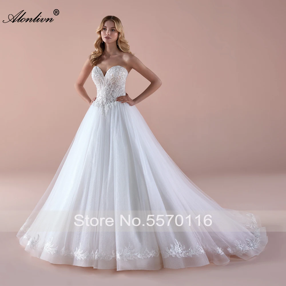 Alonlivn Elegant Style Ball Gown Wedding Dresses Sweetheart Silky Tulle Beading Pearls Lace Bridal Skirts