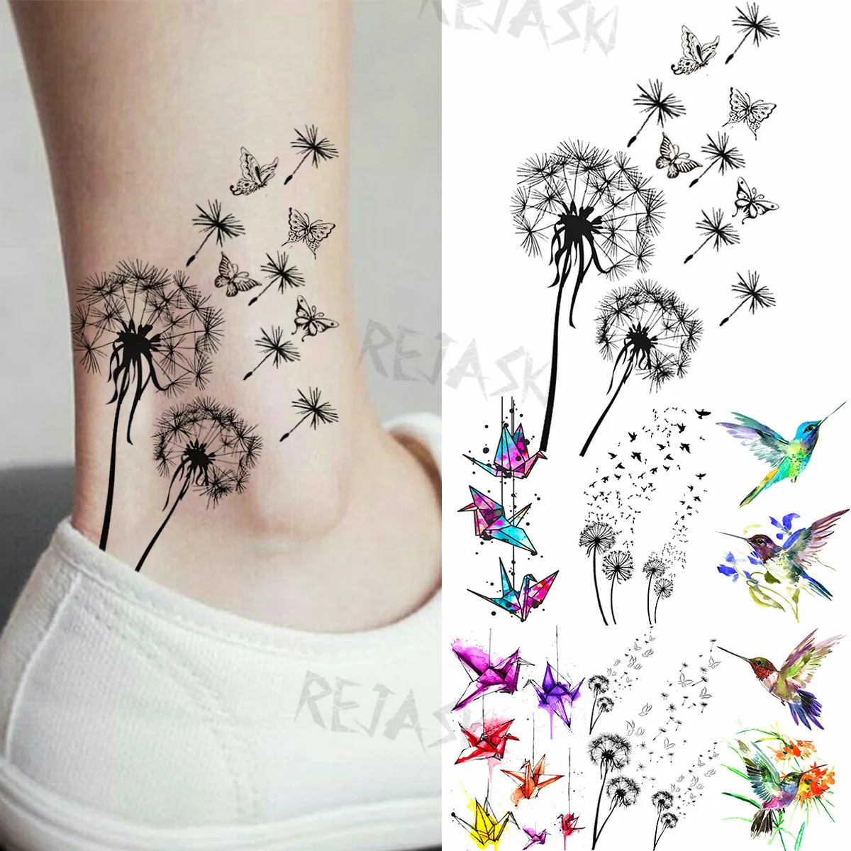 Black Small Dandelion Temporary Tattoos For Women Kids Hummingbird Paper Crane Fake Tattoo Body Art Waterproof Tattoo Sticker