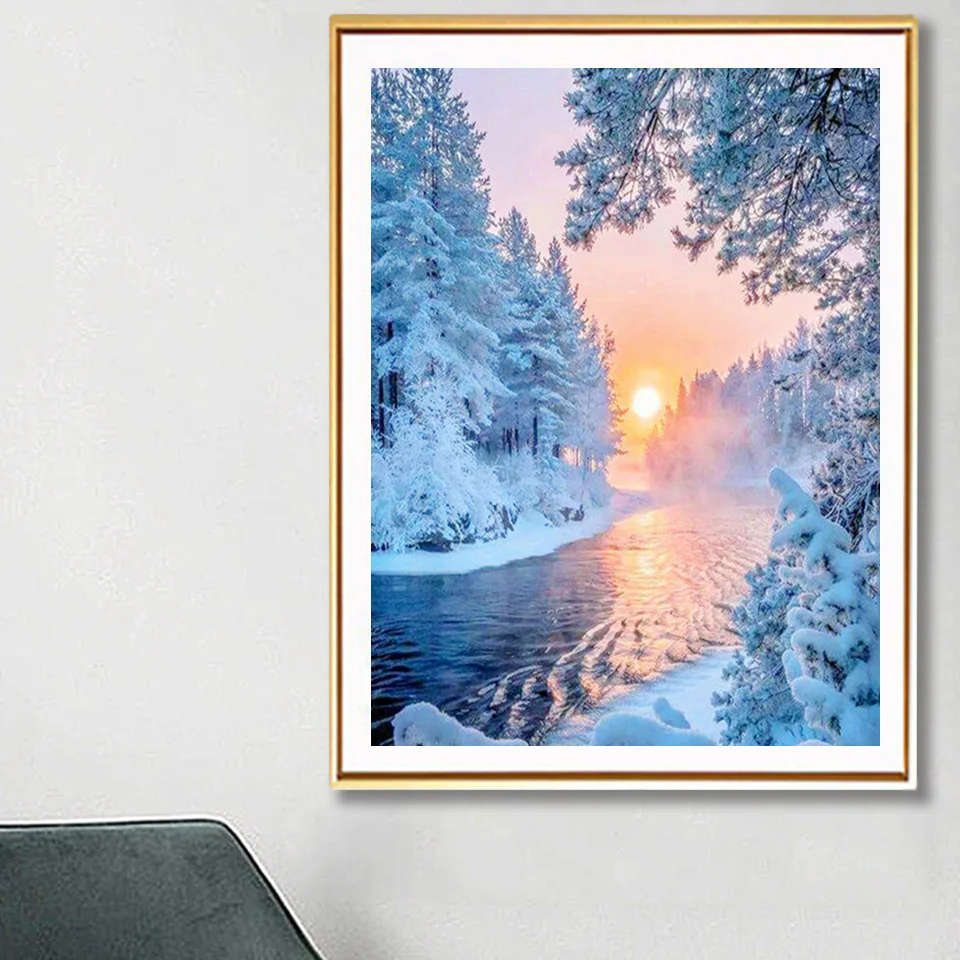 5D Diamond Painting Full Square Winter Landscape Cross Stitch Diamond Embroidery Snow Scenery Mosaic Picture of Rhinestone Decor