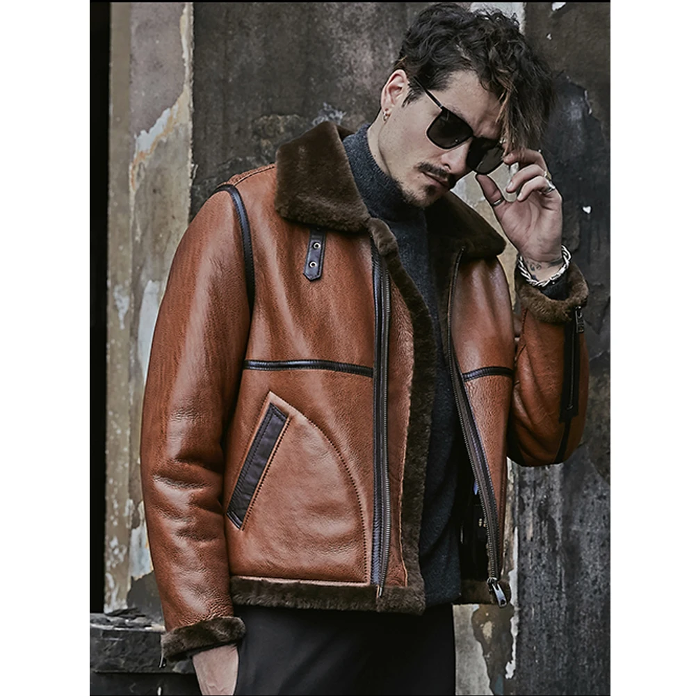 Denny&Dora New Mens Brown B3 Sheepskin Shearling Jacket Short Leather   Jacket Mens Fur Coat Bomber Jacket Short Winter Coats