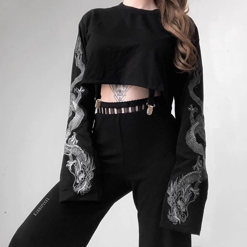 2020 Autumn Crop Sweatshirt Dragon Print Long Sleeve Korean Fashion Pullover Black Casual Gothic Streetwear Sweatshirts