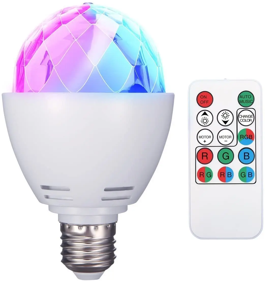 Sound Control Auto Rotating E27 3W RGB Full Color LED Disco DJ Home Party Bulb Lamp Light with Remote