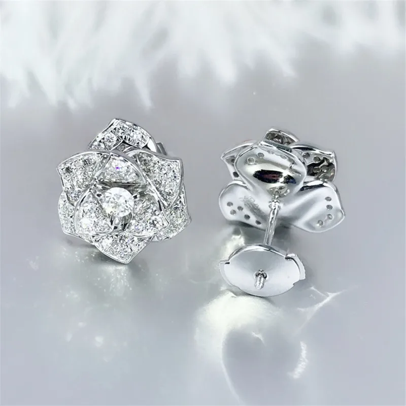 Flower Diamond Stud Earring Real 925 sterling silver Jewelry 24K Gold Engagement Wedding Earrings for Women Bridal Party Gift