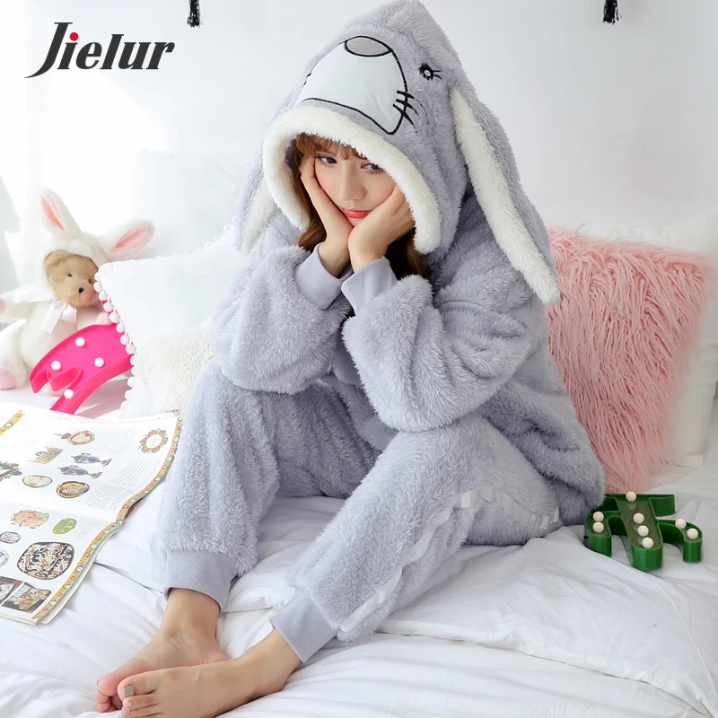 Jielur Winter Women Pajama Sets Lady Long Sleeve Shirt+Pants Solid Color Home suit Warm Hooded Cartoon Thick Pijama Feminino