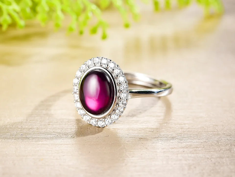 Natural purple garnet crystal s925 sterling silver oval egg-shaped ring women