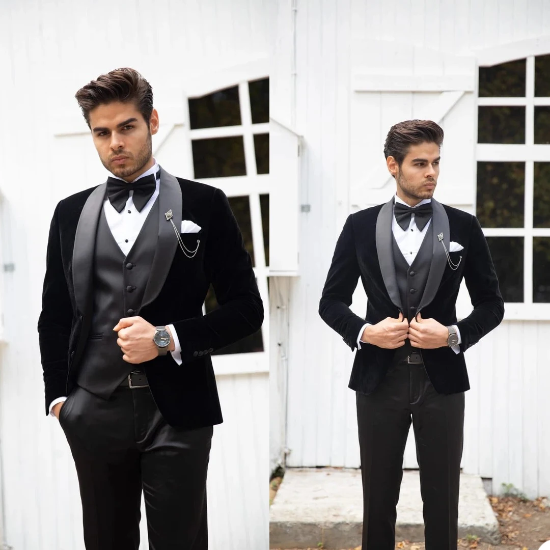 

Wedding Groom Men Tuxedos Handsome Classic Shawl Lapel One Button Velvet Pocket Formal Party Marriage 3 Pieces Set