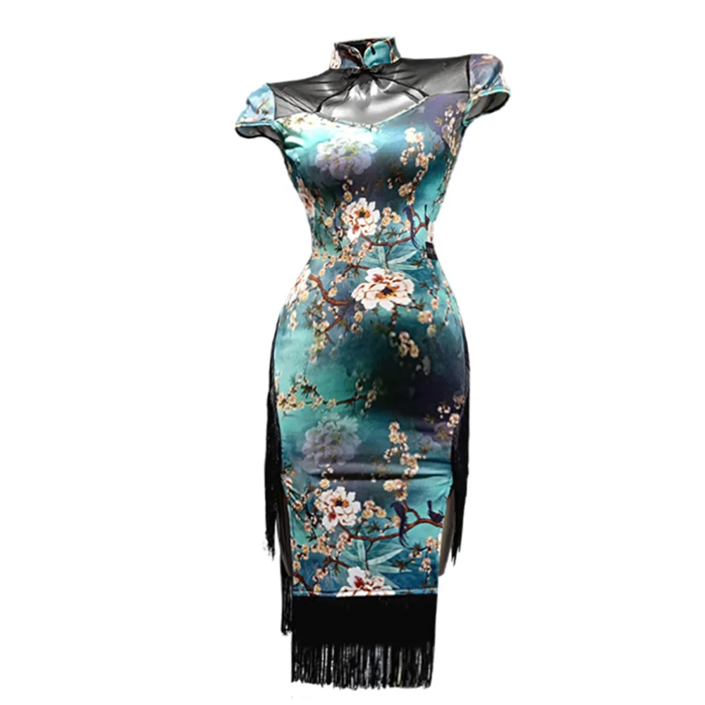 Latin Dance Dress Adult Printed High Split Backless Halter Fringed Cheongsam  Women Performance Competition 