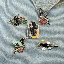 Crow Raven Enamel Pins Custom Bird Feather Moon Flowers Brooches Punk Gothic Bag Lapel Pin Shirt Badge Jewelry Gifts for Friends