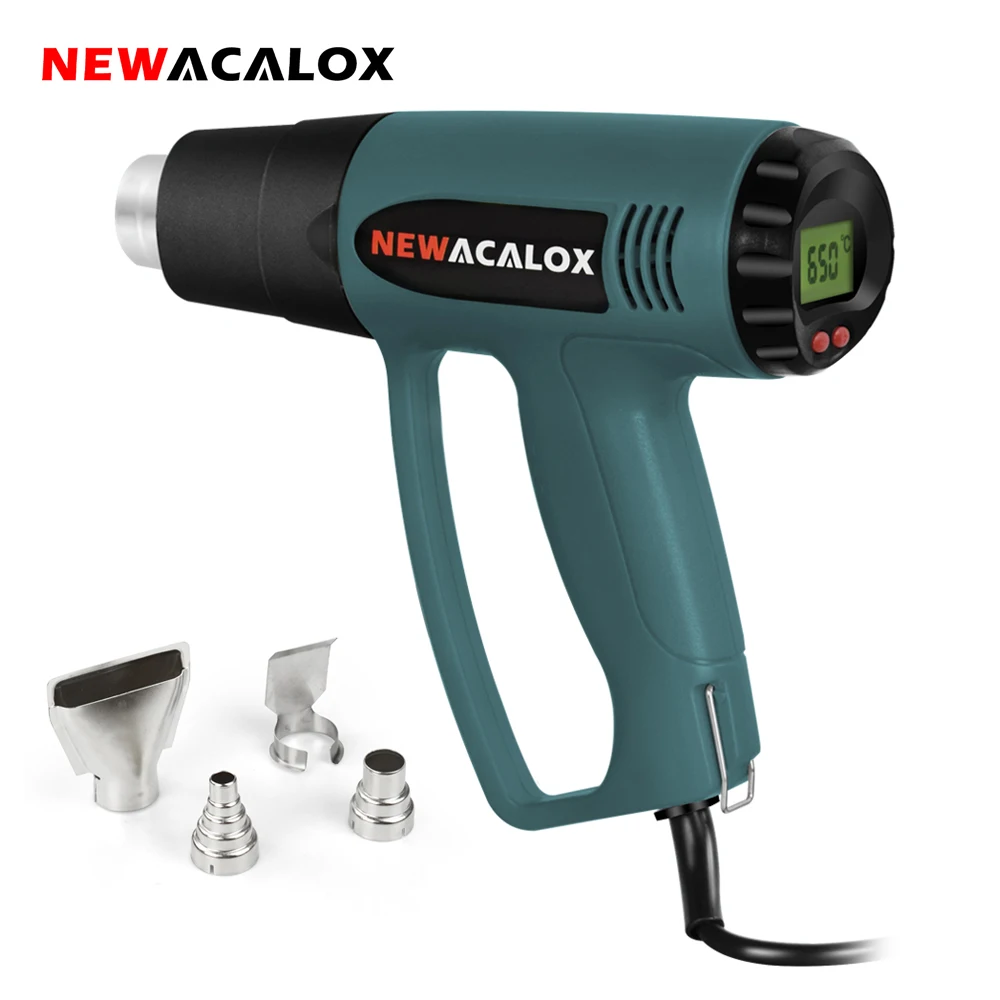 NEWACALOX 2000W 220V EU Plug Industrial Electric Hot Air Gun Thermoregulator LCD Heat Guns Shrink Wrapping Thermal Heater Nozzle