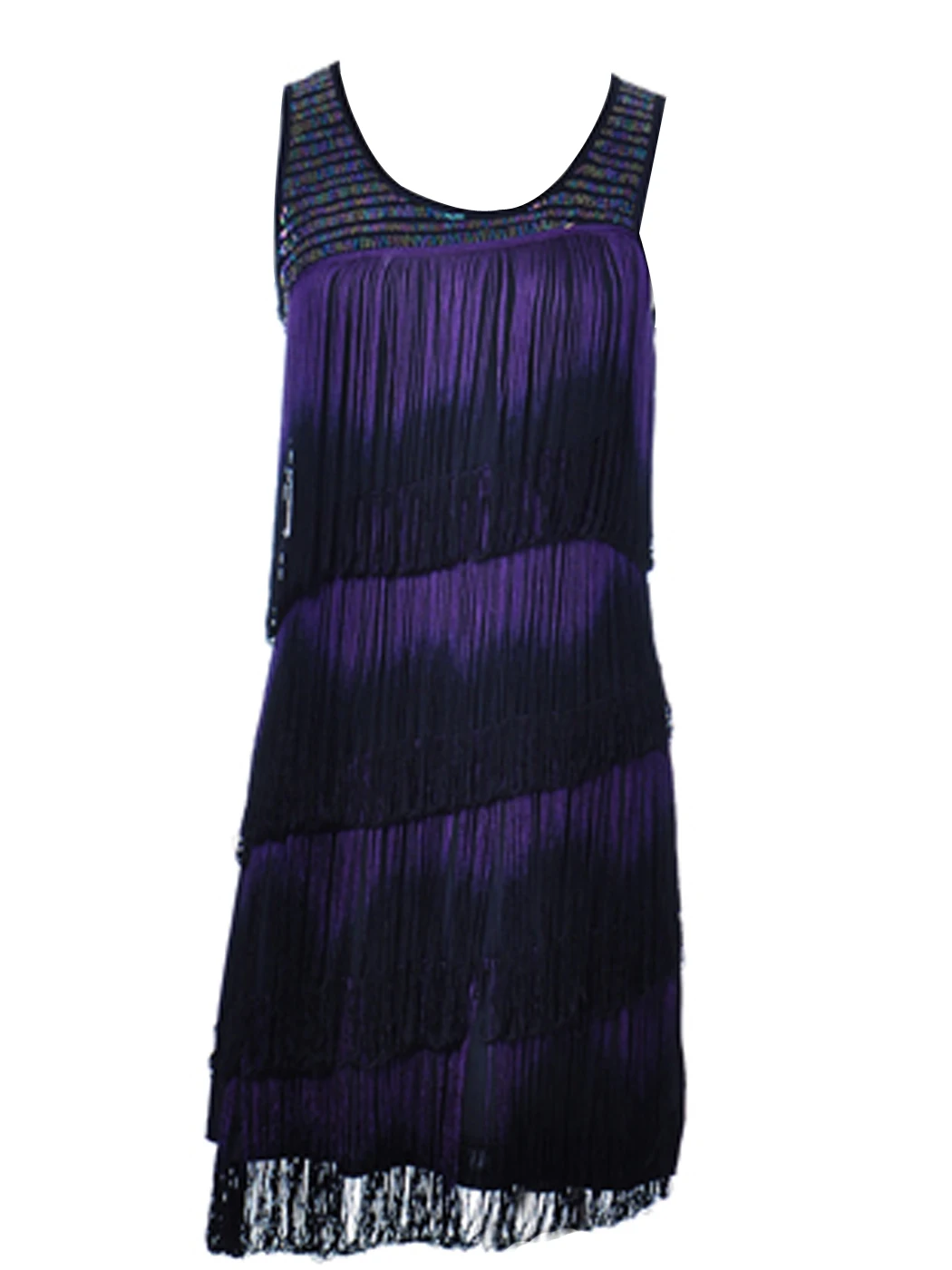 Womens Black Purple Dip Dye Fringe Tiered Scoop Neck Sleeveless Dress Party Straight Loose Dress